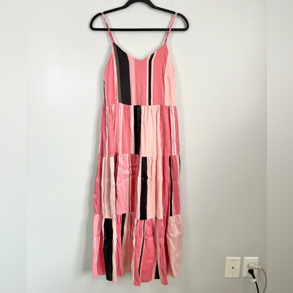 Apiece Apart Size 0 • Pink Striped Linen Marjana Tiered Flounce Midi Maxi Dress.